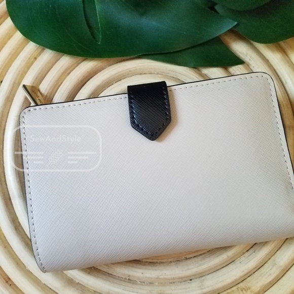 MEDIUM COMPACT BIFOLD WALLET KATE SPADE STACI COLORBLOCK WARM BEIGE BLACK BRAND - Picture 5 of 10
